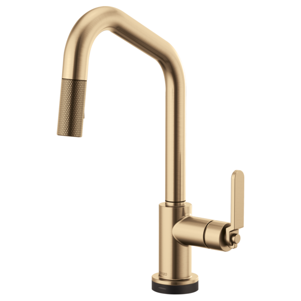 Champagne bronze pull-down kitchen faucet with angled spout, textured handle, and circular base.