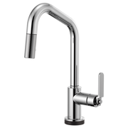 Chrome pull-down kitchen faucet with angled spout, textured handle, and round base.