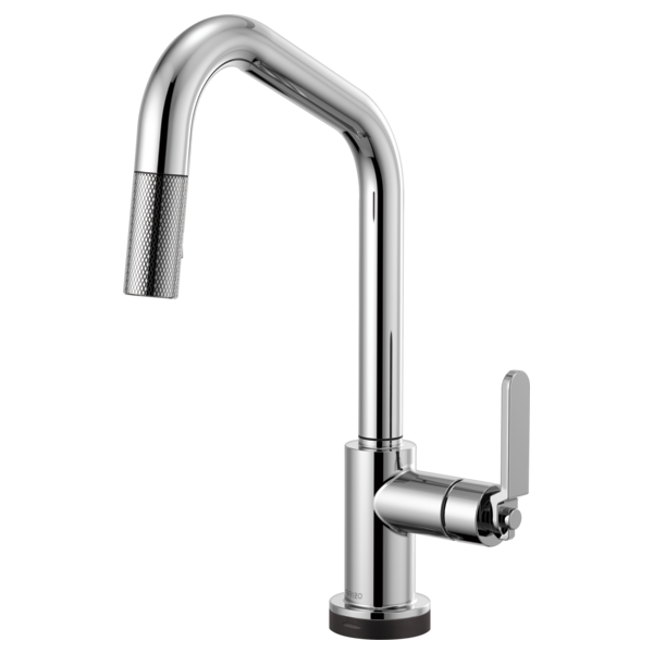Chrome pull-down kitchen faucet with angled spout, textured handle, and round base.