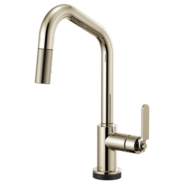 Polished nickel pull-down kitchen faucet with high angled spout, textured handle, and black base.