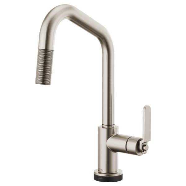 Brushed nickel pull-down kitchen faucet with angled spout, textured handle grip, and single lever control.
