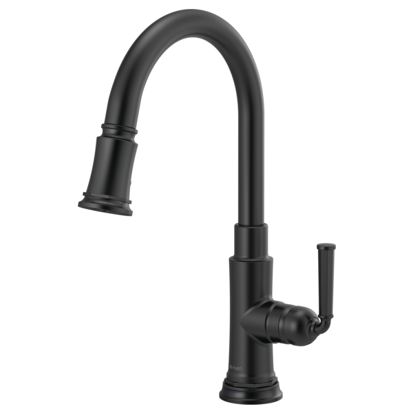 Black pull-down kitchen faucet with curved spout and single lever handle.