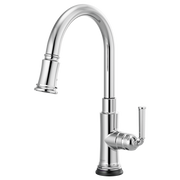 Chrome pull-down kitchen faucet with curved spout, single lever handle, and black base.