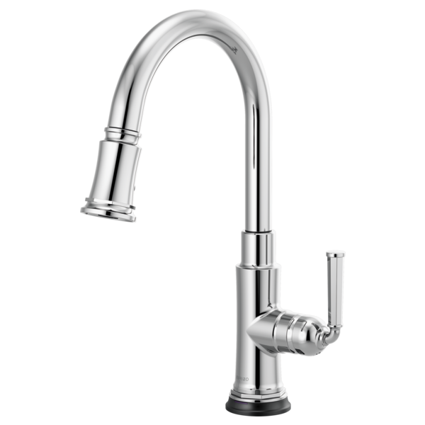 Chrome pull-down kitchen faucet with curved spout, single lever handle, and black base.
