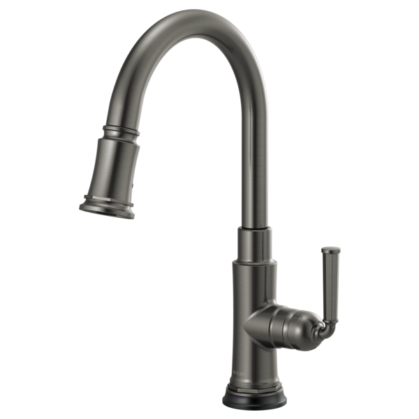 Gunmetal gray kitchen faucet with arched spout, pull-down spray head, and single lever handle.