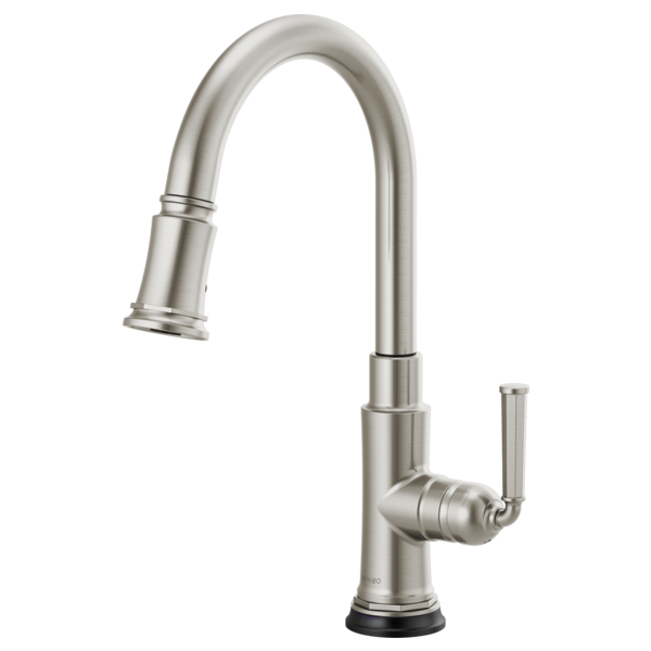 Brushed nickel pull-down kitchen faucet with high arched spout and single handle lever control.