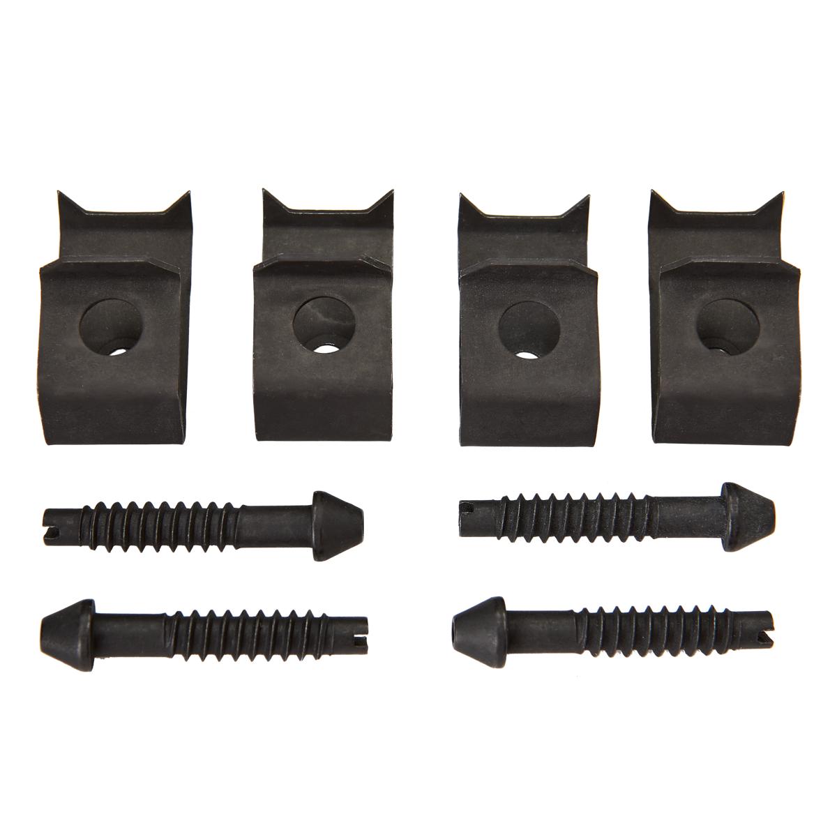 Black metal clips with mounting holes and threaded screws with pointed tips arranged on white background.