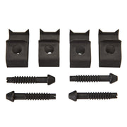 Black metal clips with mounting holes and threaded screws with pointed tips arranged on white background.