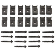 Fourteen dark metal speed clips with pointed tops and center holes, and fourteen self-tapping screws with threaded shafts.