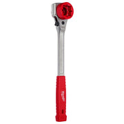 Metal ratcheting wrench with red hex head and red rubberized grip handle marked "1x1".