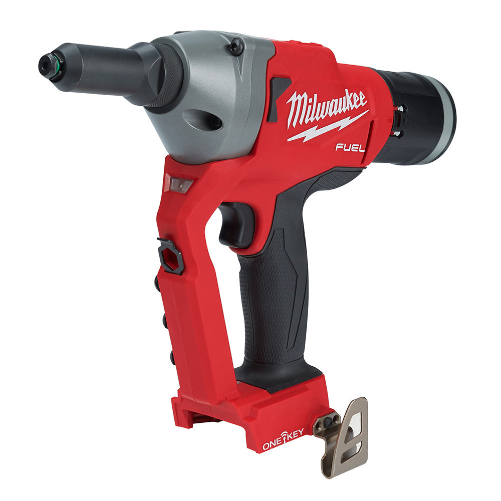 Red and gray Milwaukee M18 FUEL blind rivet tool with black grip and ONE-KEY base plate.