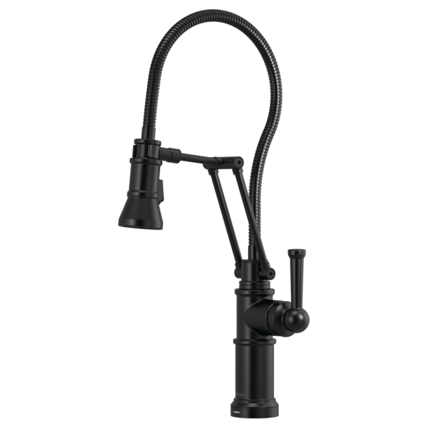 Black kitchen faucet with articulating sprayer head and flexible hose on cylindrical base with lever handle.
