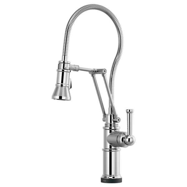 Chrome kitchen faucet with articulating spray head and flexible hose.