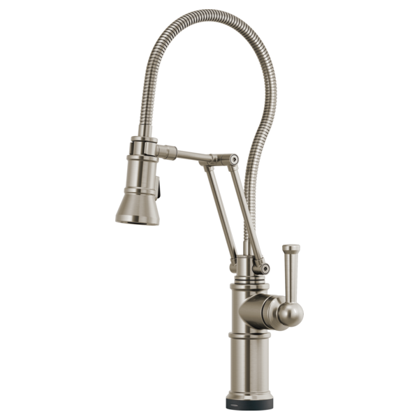 Brushed nickel kitchen faucet with articulating pull-down spray hose and single lever handle.