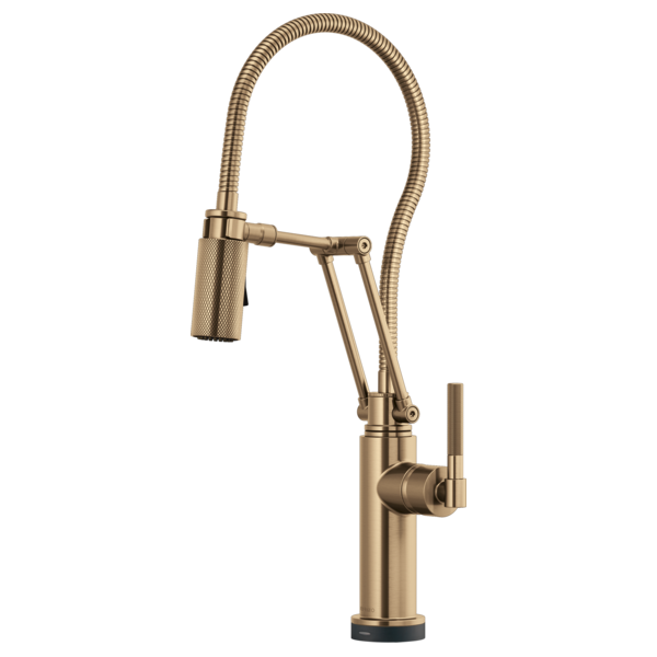 Champagne bronze kitchen faucet with articulating spray head, flexible hose, and knurled handle lever.