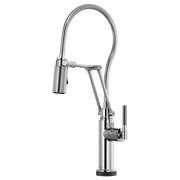 Chrome kitchen faucet with articulating spray hose, knurled handle, and tall curved spout.