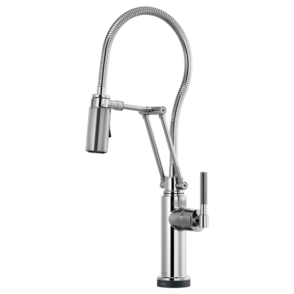 Chrome kitchen faucet with articulating spray hose, knurled handle, and tall curved spout.