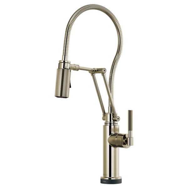 Chrome kitchen faucet with articulating spray hose, knurled handle, and cylindrical base.