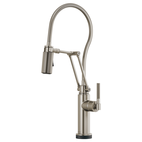 Brushed nickel kitchen faucet with articulating spray head, flexible hose, and knurled handle grip.