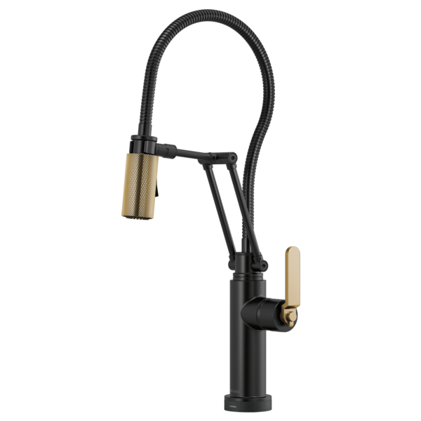 Black kitchen faucet with articulating hose, gold mesh spray head, and champagne bronze handle.