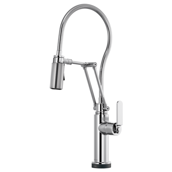 Chrome kitchen faucet with flexible coiled hose, articulating arm, and white lever handle on cylindrical base.