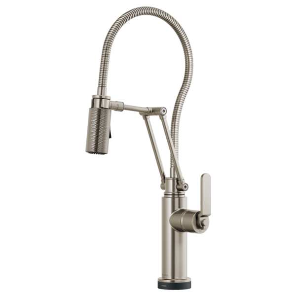 Brushed nickel kitchen faucet with articulating spray head, flexible hose, and single lever handle.