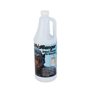 Blue and white plastic bottle of WhizzBanger urinal cleaner and descaler with handle and product label.