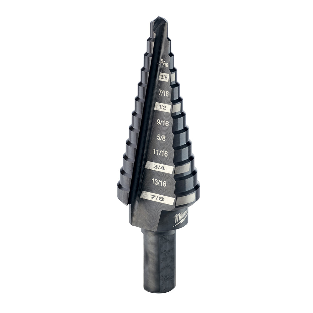 Black Milwaukee step drill bit with labeled size increments from 3/16 to 7/8 inch and cylindrical shank.