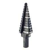 Black Milwaukee step drill bit with labeled size increments from 3/16 to 7/8 inch and cylindrical shank.