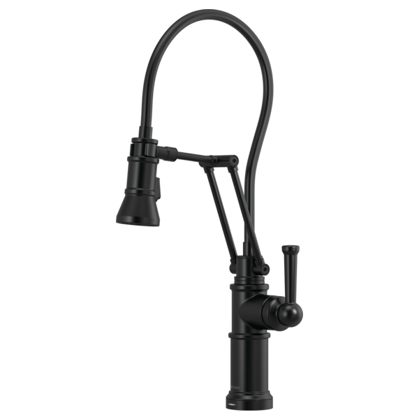 Black single-handle kitchen faucet with articulating curved spout and side lever control.
