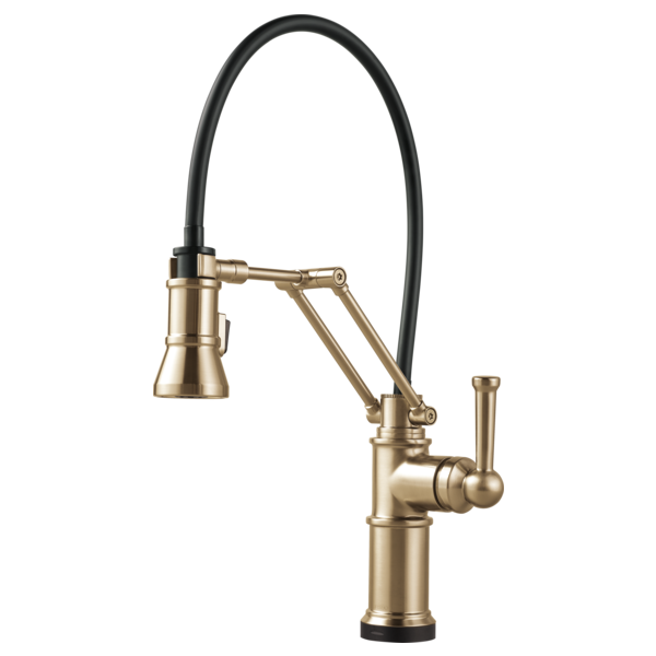 Gold kitchen faucet with articulating black hose and single side lever handle.