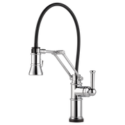 Chrome kitchen faucet with articulating black hose, single handle lever, and cylindrical spout.