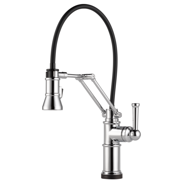 Chrome kitchen faucet with articulating black hose, single handle lever, and cylindrical spout.