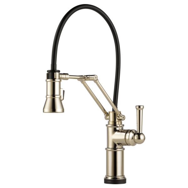 Brushed gold single-handle kitchen faucet with articulating black hose and lever control.