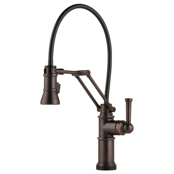 Bronze kitchen faucet with articulating spout and single lever handle.