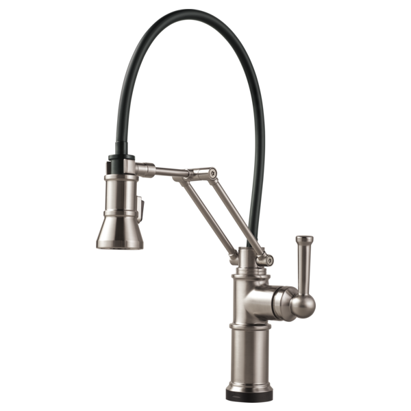Brushed nickel kitchen faucet with articulating sprayer head, single lever handle, and flexible black hose.