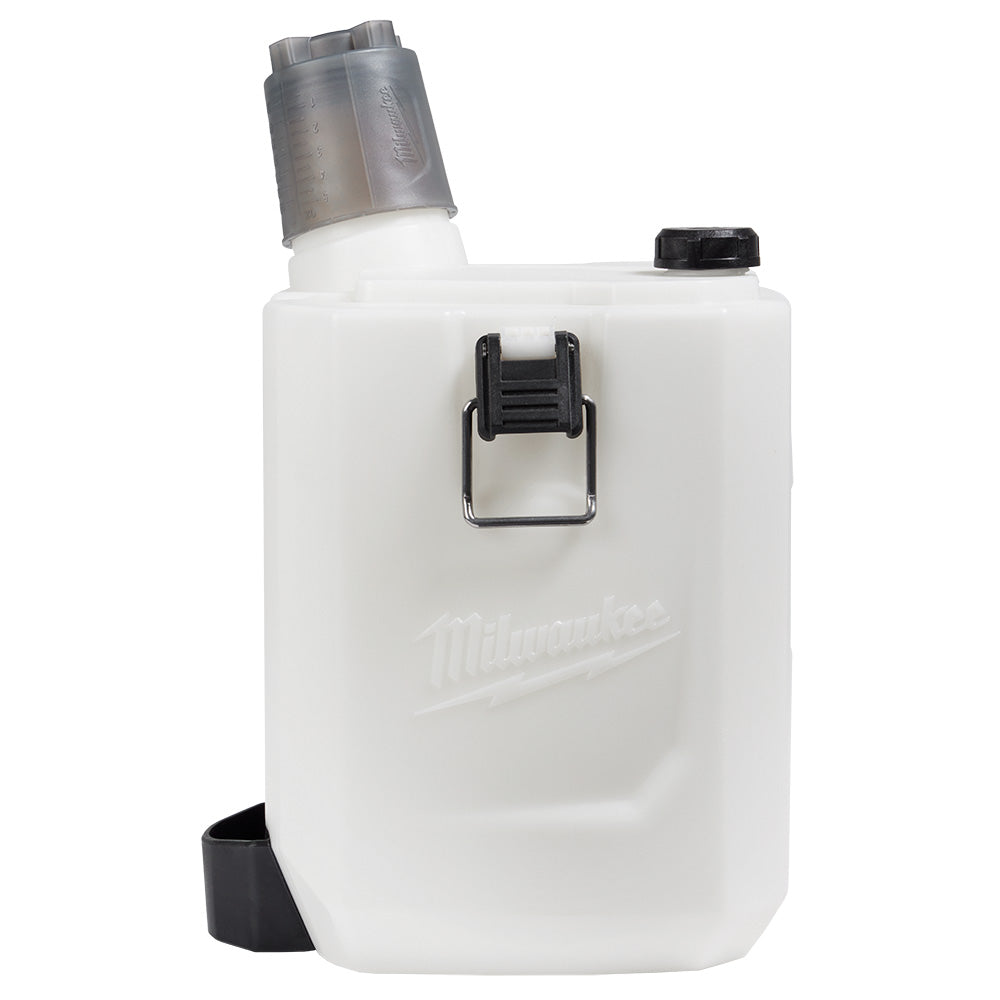White plastic handheld sprayer tank with gray pump head, black handle and fill cap, and black spout at base.