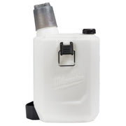 White plastic handheld sprayer tank with gray pump head, black handle and fill cap, and black spout at base.