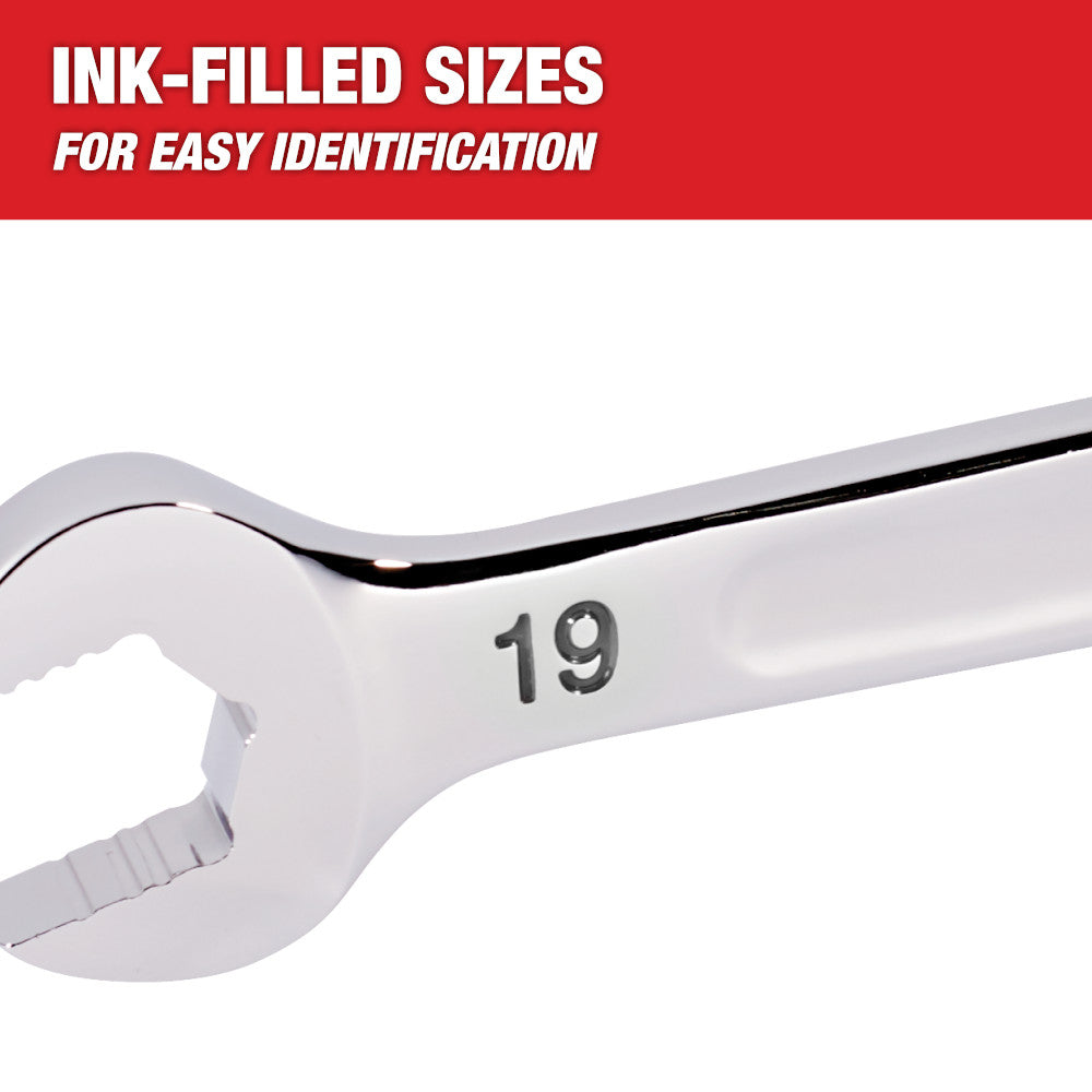 White combination wrench with open and box ends, size marking "19" stamped on handle.