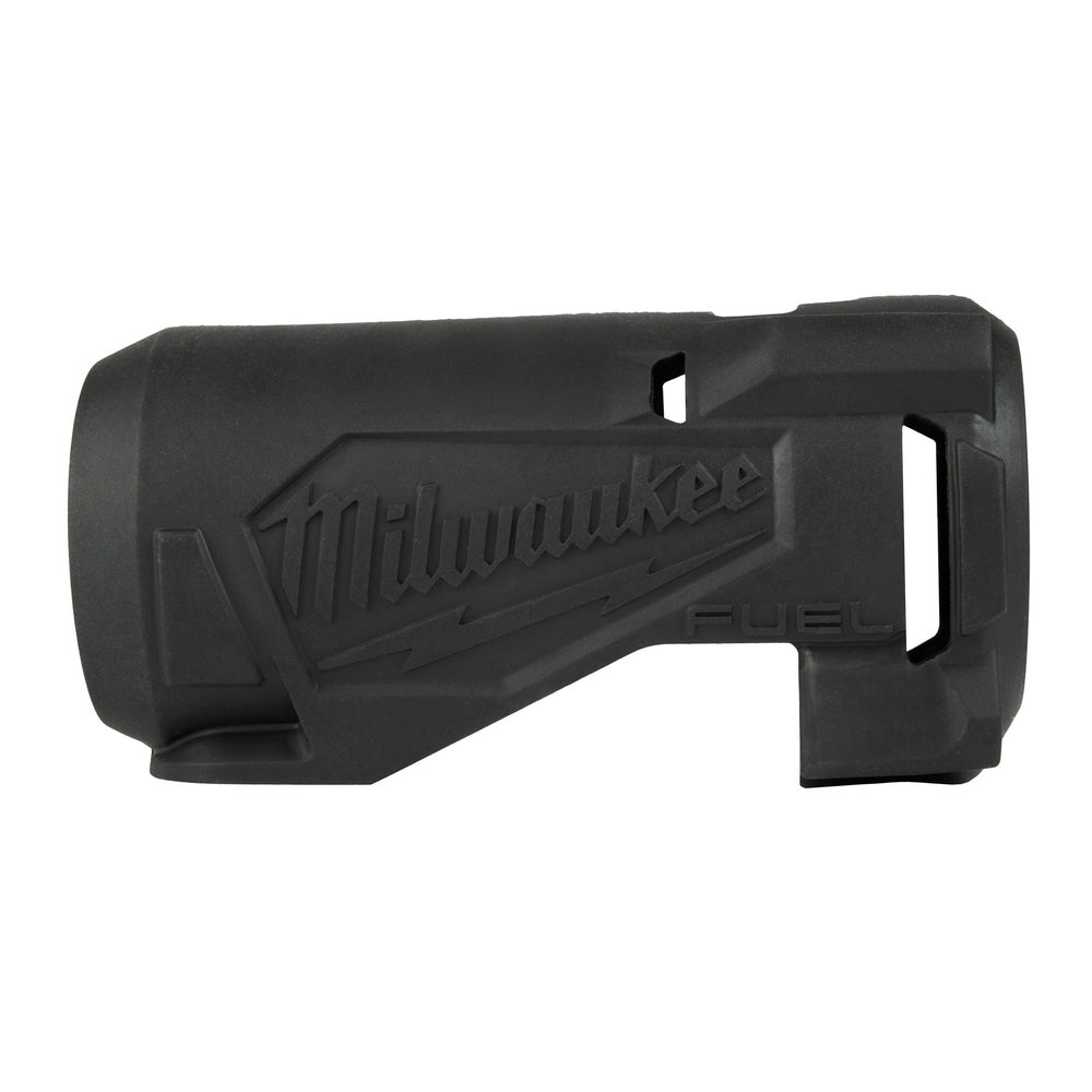 Black rubber protective boot with Milwaukee branding and angular design featuring mounting slots.
