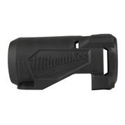 Black rubber protective boot with Milwaukee branding and angular design featuring mounting slots.