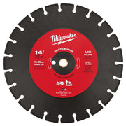 14-inch Milwaukee ductile iron segmented saw blade with red hub label, white segment tabs around perimeter, and center arbor 