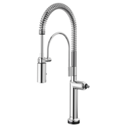 Chrome kitchen faucet with flexible coiled spray head and cylindrical body base.