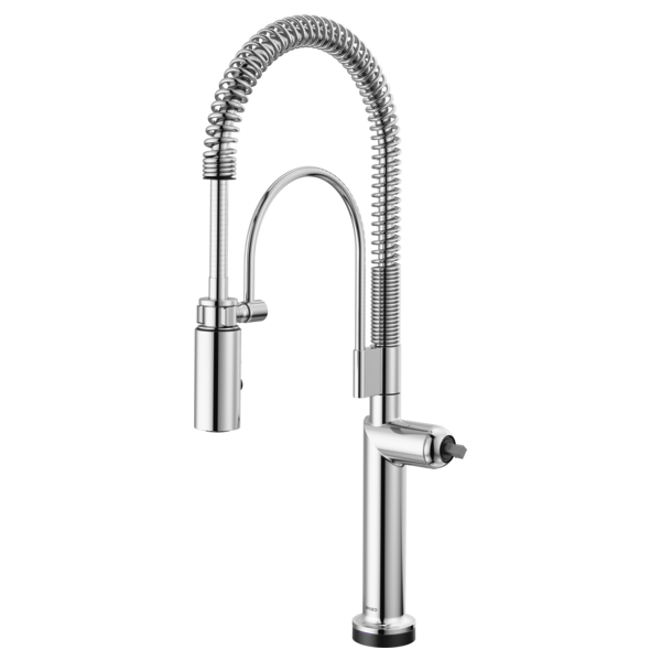 Chrome kitchen faucet with flexible coiled spray head and cylindrical body base.