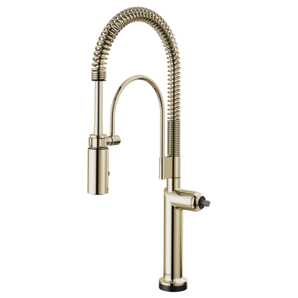 Brushed gold kitchen faucet with flexible coiled spray head and cylindrical body with black accents.