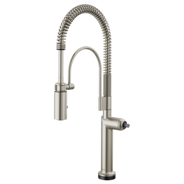 Stainless steel kitchen faucet with tall flexible spray head and cylindrical base with side spray outlet.