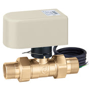 Brass motorized ball valve with 3/4" NPT connections and cream-colored 24V actuator head with attached black power cord.