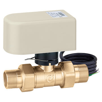 Brass motorized ball valve with 3/4" NPT connections and cream-colored 24V actuator head with attached black power cord.