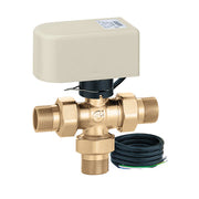 Brass 3-way motorized diverter valve with 1" press connections, black actuator motor, and coiled electrical cord.