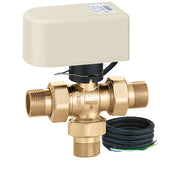 Brass 3-way motorized ball valve with 24V actuator and electrical connection wires.